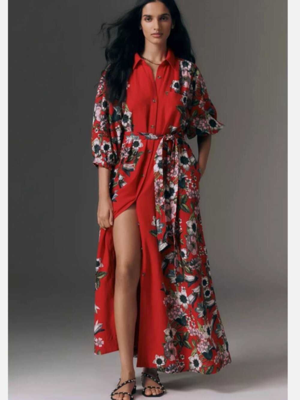 Anthropologie The Mona Linen Maxi Shirt Dress by Maeve Red Floral S NWT